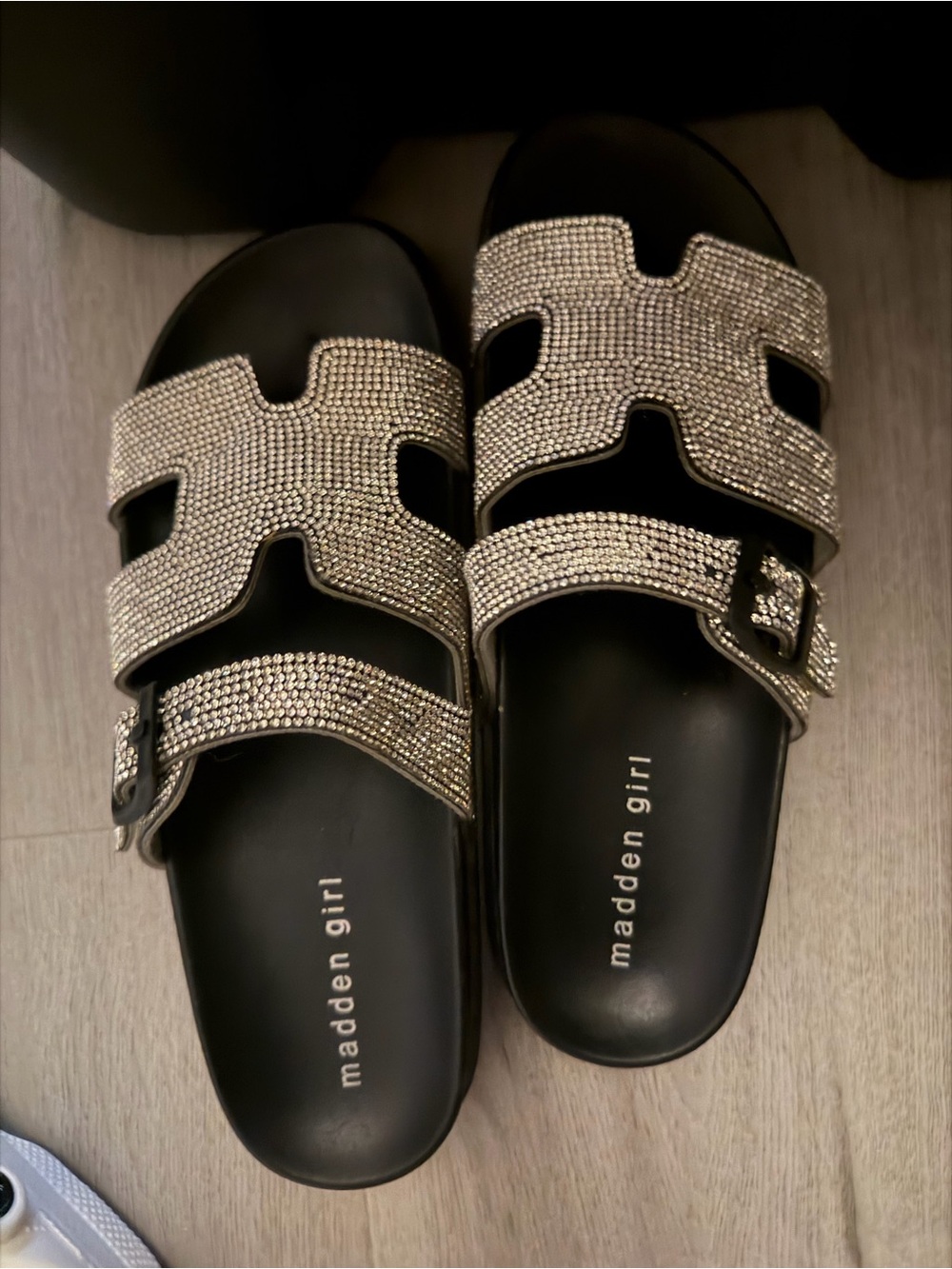 Madden Girl Black Slide Sandals with Silver Crystal Straps
